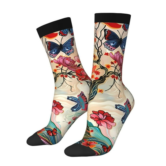 KLL Butterflies And Flowers Painting Print Cool Socks Men's Women's Crew Socks Funny Crazy Novelty Stockings