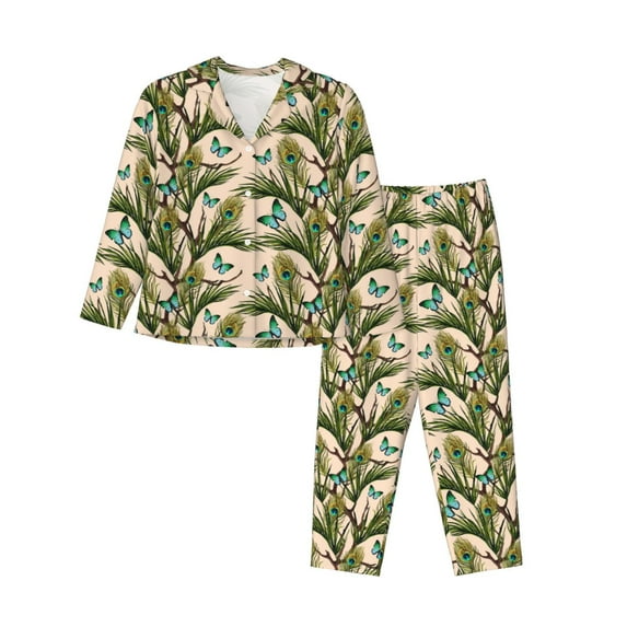 KLL Butterflies And Peacock Feathers Print Women's Long Sleeve Pajamas with Pants Sleepwear Loungewear 2 Set-Large