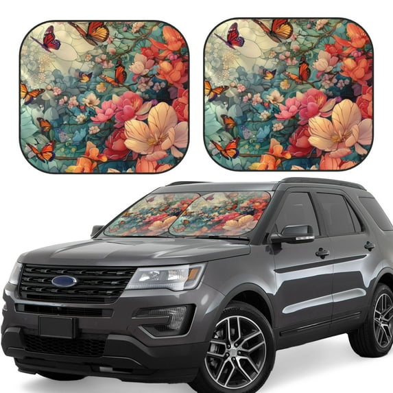 KLL Butterflies In Blooming Garden Windshield Sun Shade 2-Piece Foldable Car Front Window Sunshade for Most Sedans SUV Truck- Large