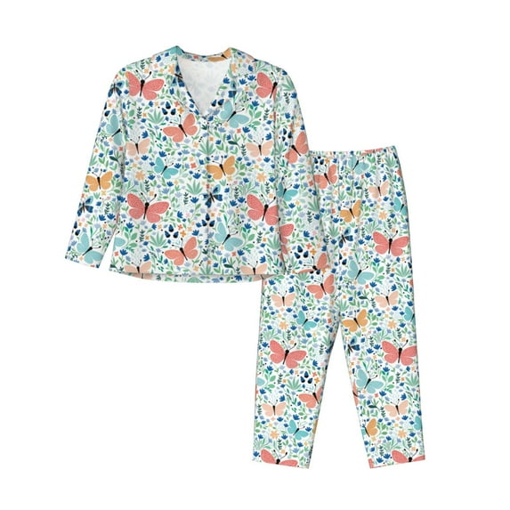 KLL Butterflies Print Women's Long Sleeve Pajamas with Pants Sleepwear Loungewear 2 Set-Small