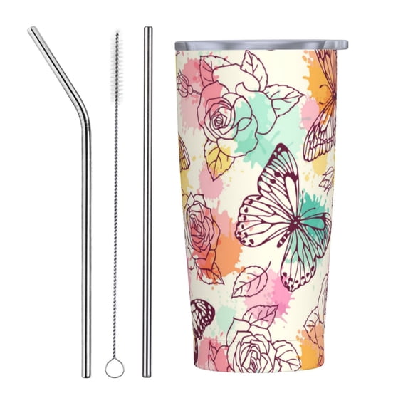KLL Butterflies and Roses Stainless Steel Vacuum Insulated Coffee Cup 20 oz Lids and Straws,Insulated Travel Mug Water Cup with Leak-Proof Straw Lid & Flip Lid