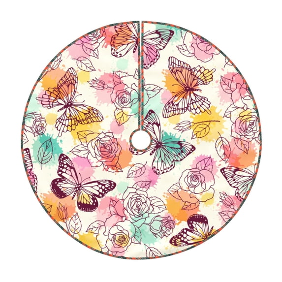 KLL Butterflies and Roses Christmas Tree Skirt 48" ,Party Decorations Farmhouse for Christmas Decorations Holiday Party