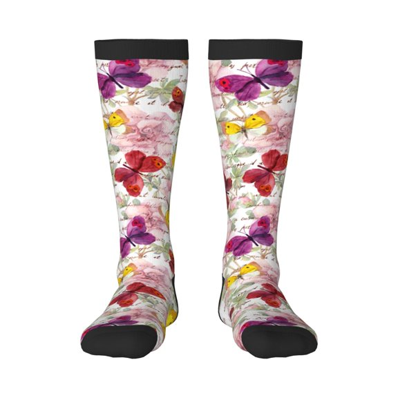 KLL Butterflies and Vintage Print Cool Socks Men's Women's Crew Socks Funny Crazy Novelty Stockings