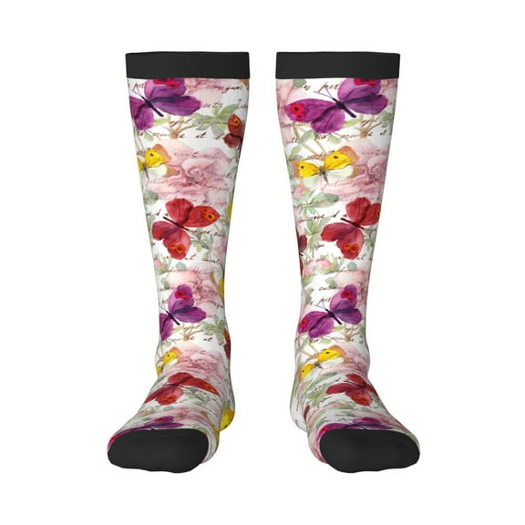 KLL Butterflies and Vintage Print Cool Socks Men's Women's Crew Socks Funny Crazy Novelty Stockings