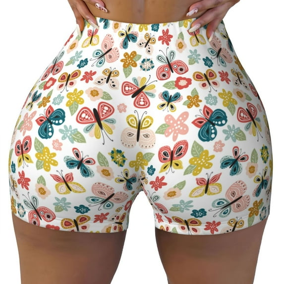 KLL Butterfly Flowers Pattern Workout Shorts for Women Scrunch Short Gym Yoga Running Sport Active Exercise Fitness Shorts