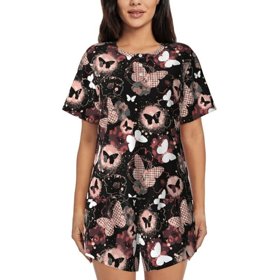 KLL Butterfly Print Pajama Set for Women Short Sleeve Sleepwear Pjs Soft 2 Piece Lounge Sleepwear Sets-Small