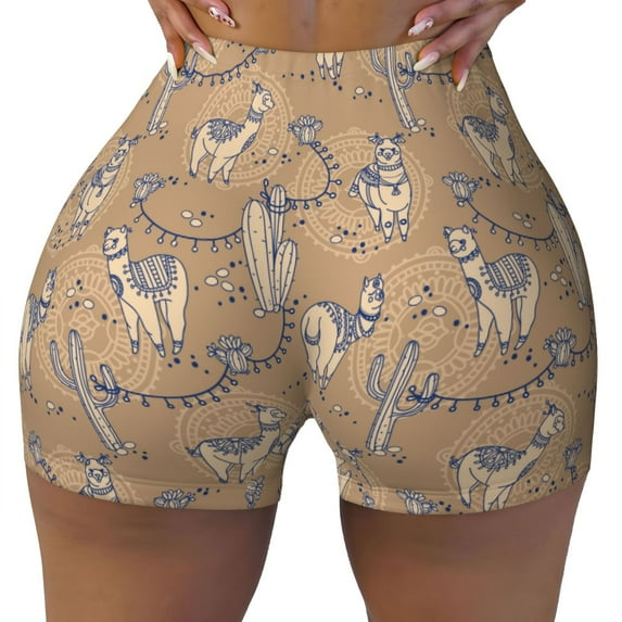 KLL Cactus Alpaca Pattern Workout Shorts for Women Scrunch Short Gym Yoga Running Sport Active Exercise Fitness Shorts