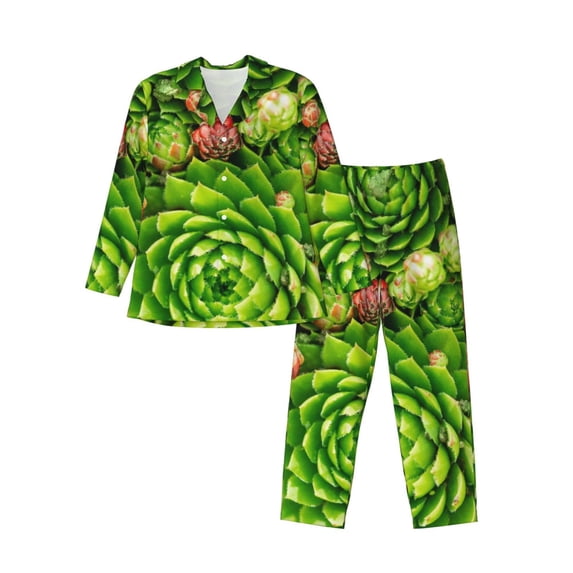 KLL Cactus And Succulents Sleepwear Mens Flannel Pajamas,Long Cotton Pj Set