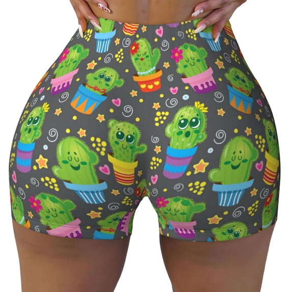 KLL Cactus In Pots Pattern Workout Shorts for Women Scrunch Short Gym Yoga Running Sport Active Exercise Fitness Shorts