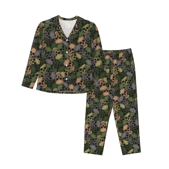 KLL Camouflage Skulls Print Women's Long Sleeve Pajamas with Pants Sleepwear Loungewear 2 Set-XX-Large