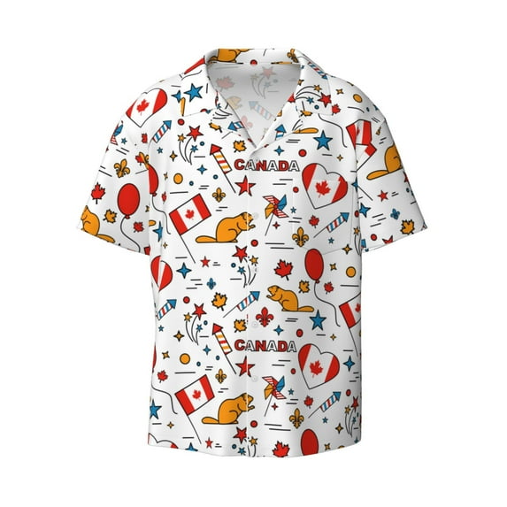 KLL Canada Day Print Men's Shirt Short Sleeve Button Down Summer Cuba Beach Shirts- X-Large