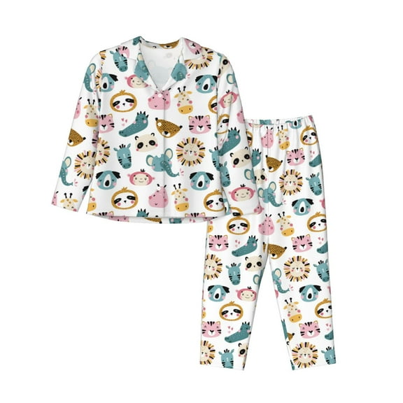 KLL Cartoon Animals Print Women's Long Sleeve Pajamas with Pants Sleepwear Loungewear 2 Set-X-Large
