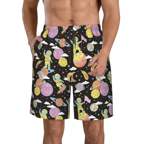 KLL Cartoon Astronaut In Spacesuit Men's Casual Summer Beach Shorts Hawaiian Shorts with Pockets-Large