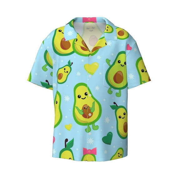 KLL Cartoon Avocado Print Men's Shirt Short Sleeve Button Down Summer Cuba Beach Shirts- X-Large