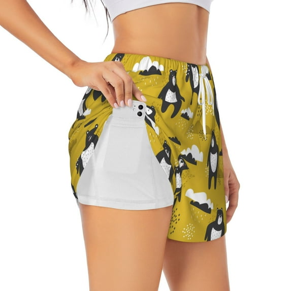 KLL Cartoon Bear Yellow Pattern Shorts Women,Athletic Shorts High Waisted Running Shorts Pocket Sporty Short Gym Elastic Workout Shorts-XX-Large