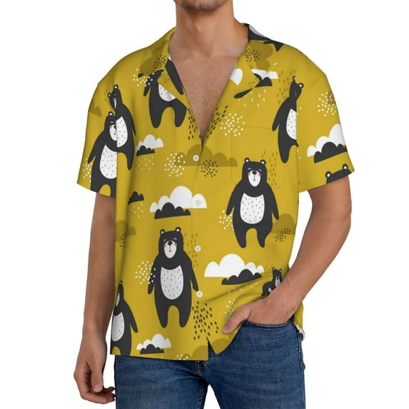 KLL Cartoon Bear Yellow Print Men's Shirt Short Sleeve Button Down Summer Cuba Beach Shirts- XX-Large