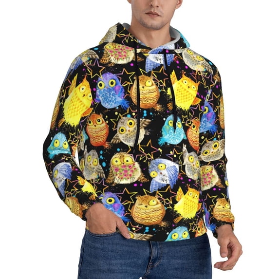 KLL Cartoon Bird Owl Print Mens Hoodie Long Sleeve Casual Pullover Hooded Sweatshirt Fashion Drawstring Hoodies with Pocket-Large
