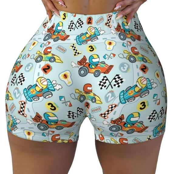KLL Cartoon Car Racing Pattern Workout Shorts for Women Scrunch Short Gym Yoga Running Sport Active Exercise Fitness Shorts