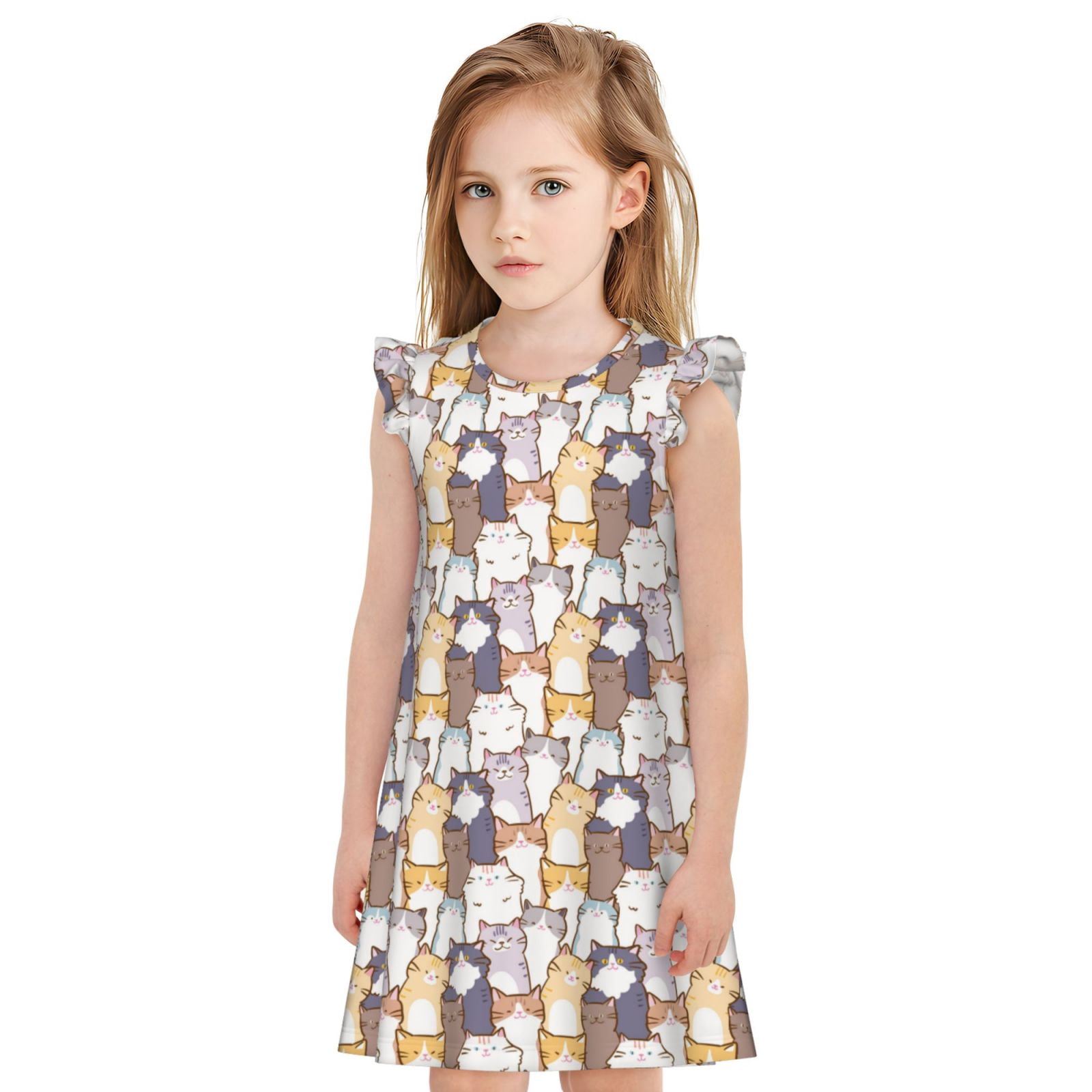 KLL Cartoon Cat Print Girls Nightgowns Pajamas for Girl Sleepwear ...
