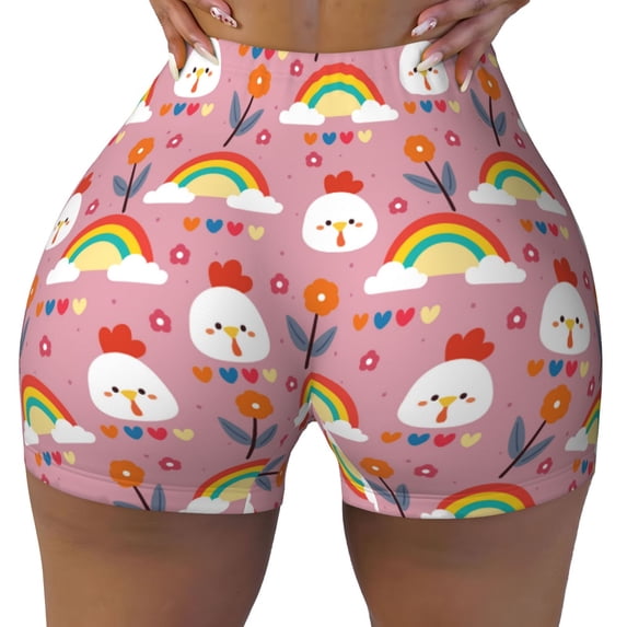 KLL Cartoon Chicken Pattern Workout Shorts for Women Scrunch Short Gym Yoga Running Sport Active Exercise Fitness Shorts