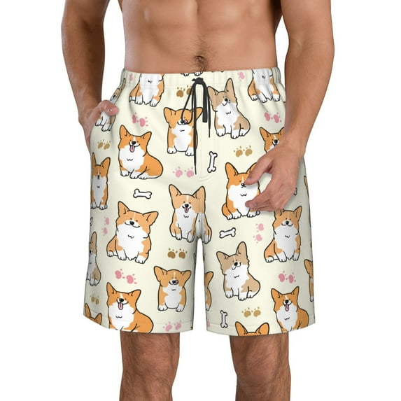 KLL Cartoon Corgi Men's Casual Summer Beach Shorts Hawaiian Shorts with Pockets-XX-Large
