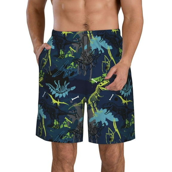 KLL Cartoon Dinosaur Men's Casual Summer Beach Shorts Hawaiian Shorts with Pockets-3X-Large