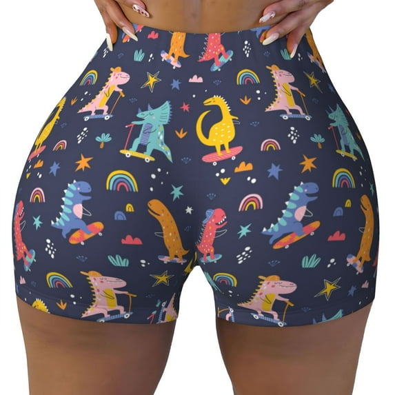KLL Cartoon Dinosaur Pattern Workout Shorts for Women Scrunch Short Gym Yoga Running Sport Active Exercise Fitness Shorts