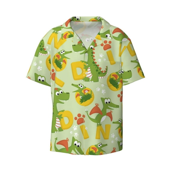 KLL Cartoon Dinosaurs Print Men's Shirt Short Sleeve Button Down Summer Cuba Beach Shirts- Large