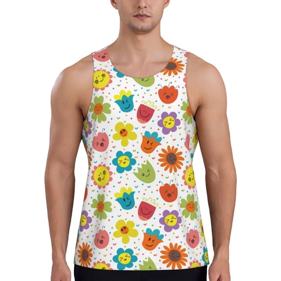 KLL Cartoon Flowers Print Men's Muscle Gym Workout Stringer Tank Tops Bodybuilding Fitness T-Shirts Tank Tops Men-XX-Large