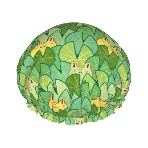 KLL Cartoon Frog And Lotus Leaf Pattern Shower Cap & Bath Cap for Women,Reversible Oversized Waterproof Shower Caps for all Hair Lengths,Elastic Reusable Bathing Hair Cap