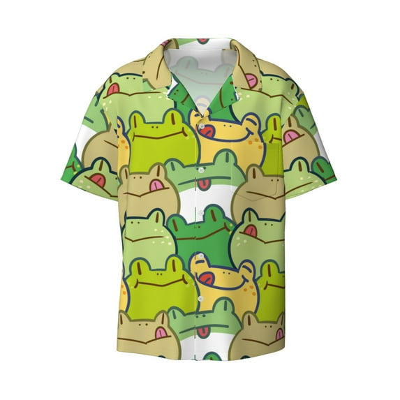 KLL Cartoon Frog Print Men's Shirt Short Sleeve Button Down Summer Cuba Beach Shirts- 3X-Large