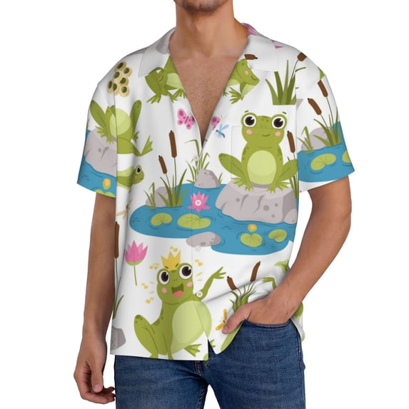 KLL Cartoon Frogs Print Men's Shirt Short Sleeve Button Down Summer Cuba Beach Shirts- Small