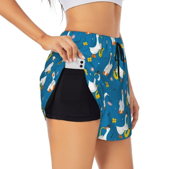 KLL Cartoon Goose Pattern Shorts Women,Athletic Shorts High Waisted Running Shorts Pocket Sporty Short Gym Elastic Workout Shorts-Medium