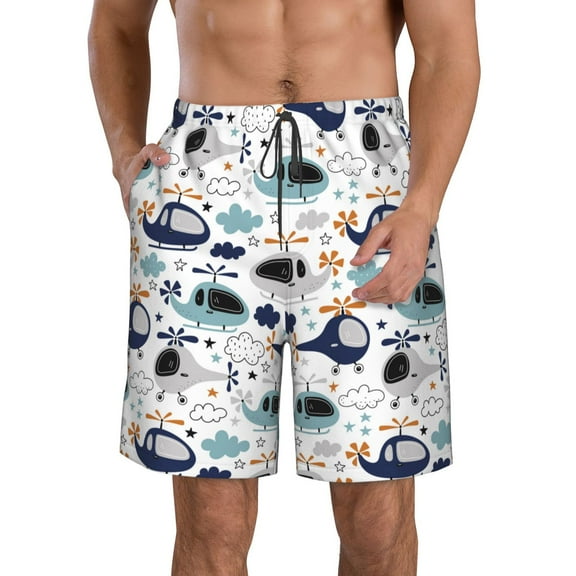 KLL Cartoon Helicopters Men's Casual Summer Beach Shorts Hawaiian Shorts with Pockets-Medium