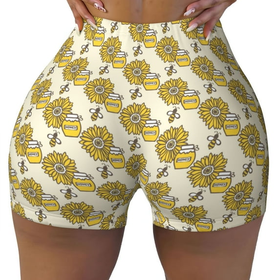KLL Cartoon Honey Pot Bee Sunflower Pattern Workout Shorts for Women Scrunch Short Gym Yoga Running Sport Active Exercise Fitness Shorts