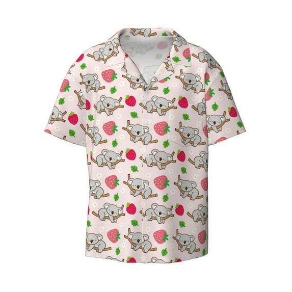 KLL Cartoon Koala Bear Print Men's Shirt Short Sleeve Button Down Summer Cuba Beach Shirts- Large