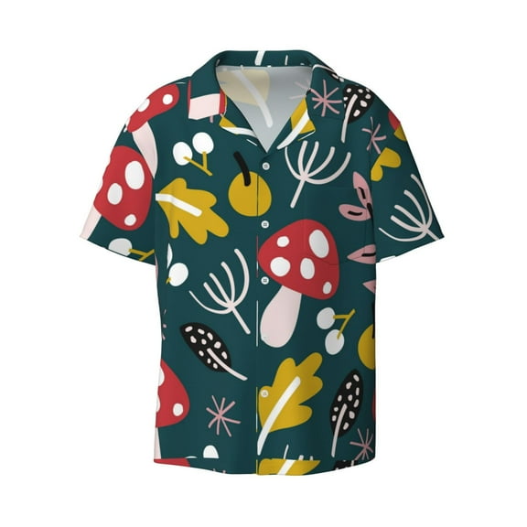 KLL Cartoon Leaf Mushroom Red Print Men's Shirt Short Sleeve Button Down Summer Cuba Beach Shirts- Small