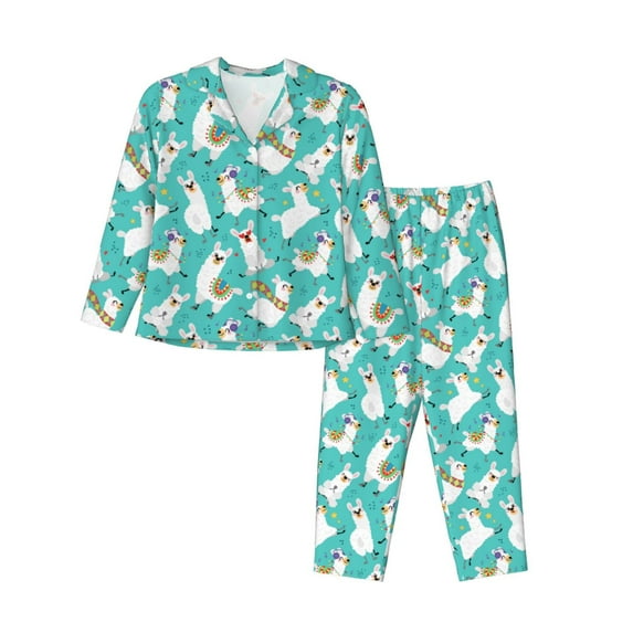 KLL Cartoon Llamas Print Women's Long Sleeve Pajamas with Pants Sleepwear Loungewear 2 Set-XX-Large