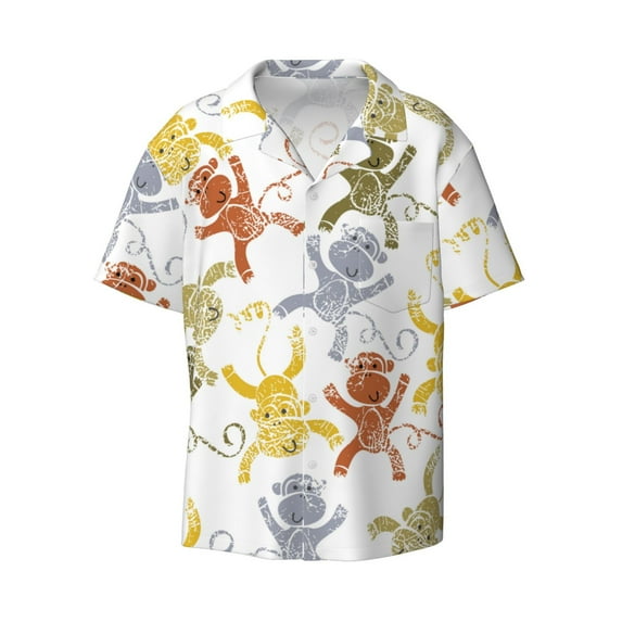 KLL Cartoon Monkey Print Men's Shirt Short Sleeve Button Down Summer Cuba Beach Shirts- Large
