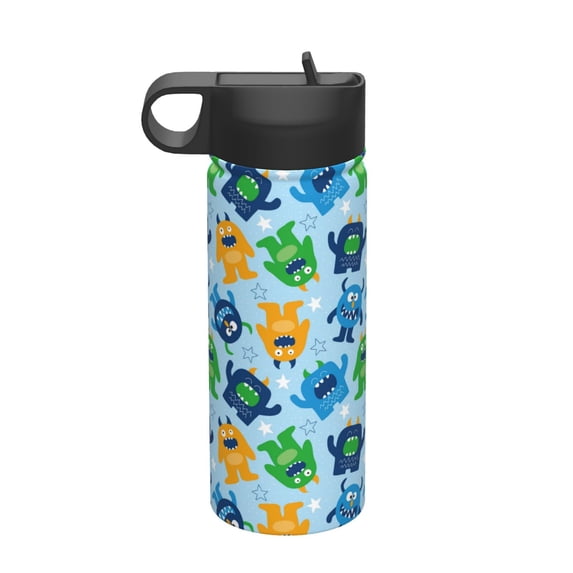 KLL Cartoon Monster Pattern 18OZ Water Bottle With Straw,Stainless Steel Sports Water Cup Flask Sports Water Cup Flask Wide Mouth Travel Thermal Mug