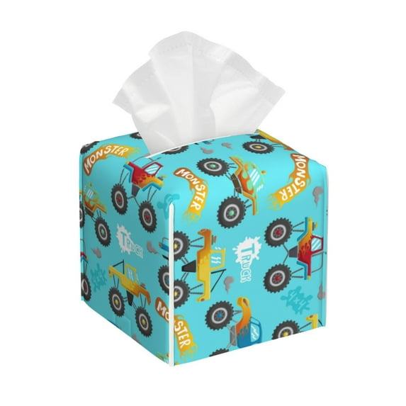 KLL Cartoon Monster Truck Print Tissue Box Cover,Leather Tissue Holder Square Facial Tissue Case Facial Paper Organizer Dispenser for Bathroom, Vanity Countertop