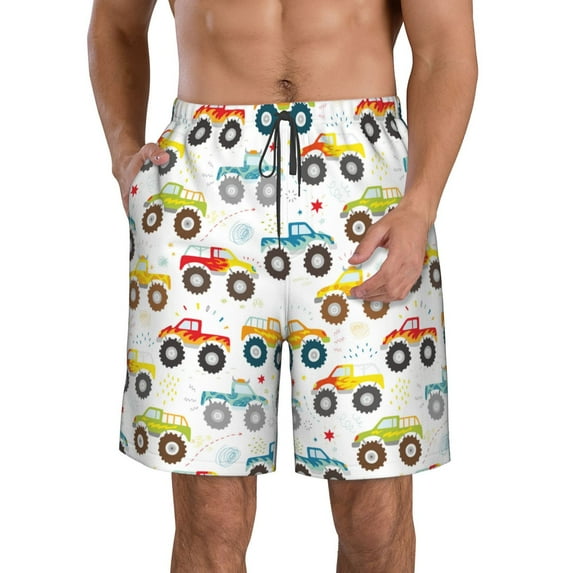 KLL Cartoon Monster Trucks Men's Casual Summer Beach Shorts Hawaiian Shorts with Pockets-Medium