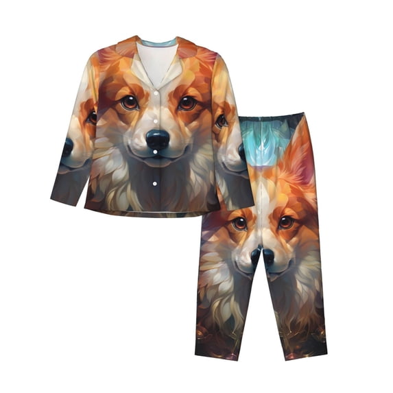 KLL Cartoon Pattern Corgi Print Women's Long Sleeve Pajamas with Pants Sleepwear Loungewear 2 Set-XX-Large