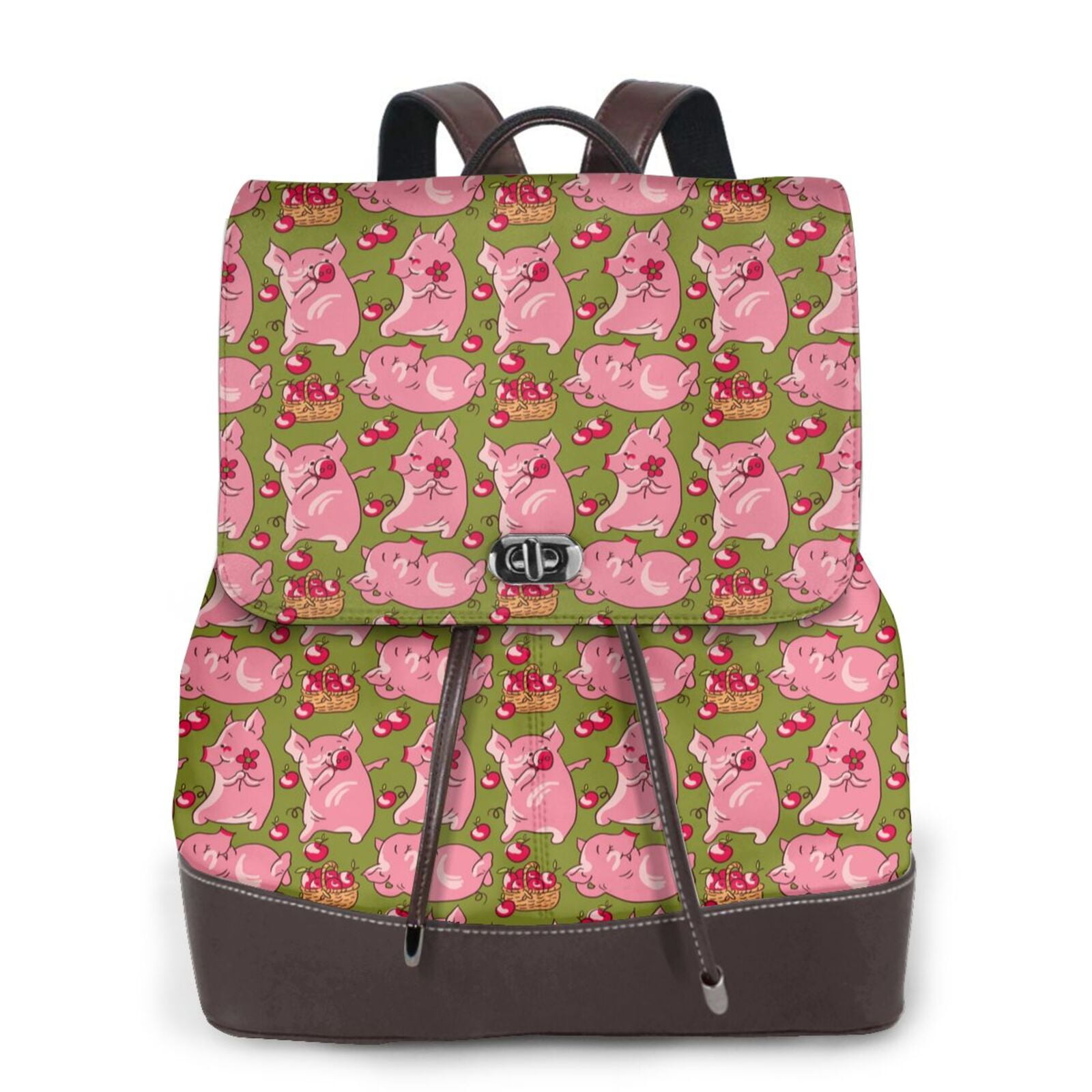 KLL Cartoon Pigs Print Leather Backpack,PU Leather Laptop Backpack ...