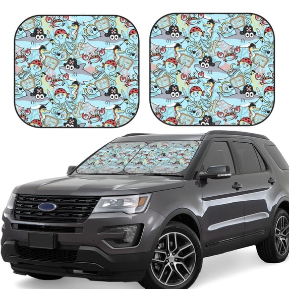KLL Cartoon Pirate Windshield Sun Shade 2-Piece Foldable Car Front Window Sunshade for Most Sedans SUV Truck- Small