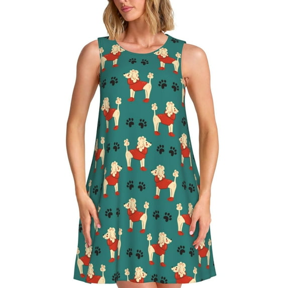 KLL Cartoon Poodle Dog Pattern Womens Summer Dresses 2025,Loose Round Neck Sleeveless Sundresses Tank Dresses with Pockets