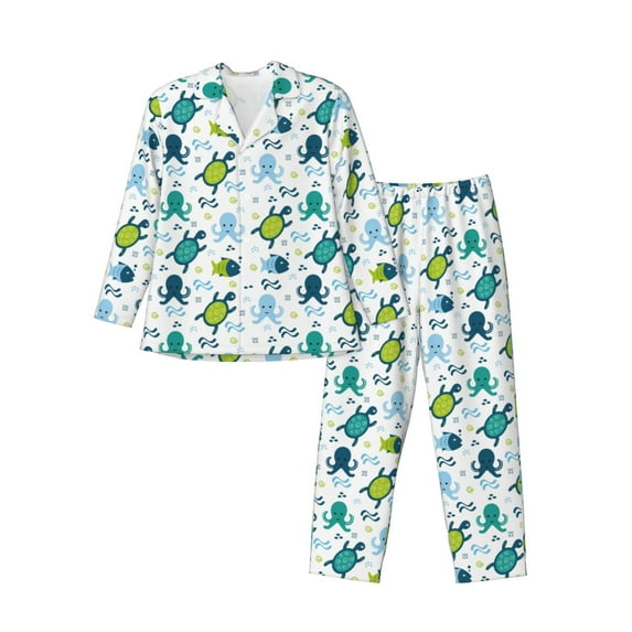 KLL Cartoon Sea Creatures Sleepwear Mens Flannel Pajamas,Long Cotton Pj Set