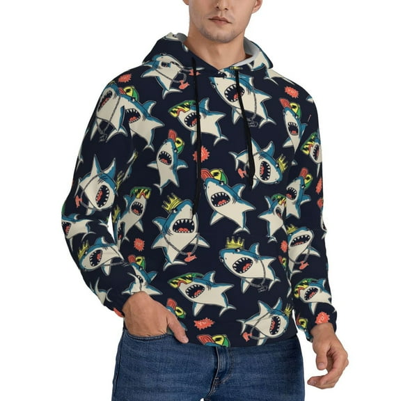 KLL Cartoon Sharks Print Mens Hoodie Long Sleeve Casual Pullover Hooded Sweatshirt Fashion Drawstring Hoodies with Pocket-4X-Large