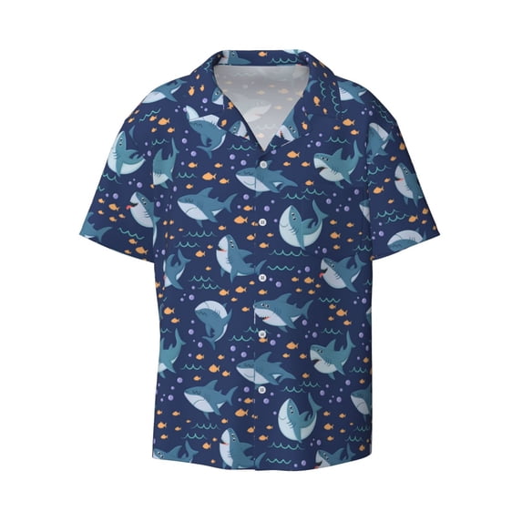 KLL Cartoon Sharks2 Print Men's Shirt Short Sleeve Button Down Summer Cuba Beach Shirts- X-Large