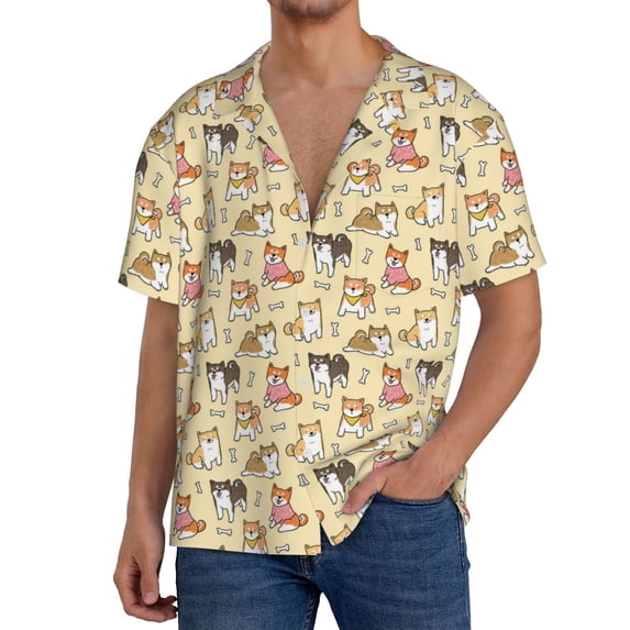 KLL Cartoon Shiba Inu Dog Print Men's Shirt Short Sleeve Button Down Summer Cuba Beach Shirts- 4X-Large